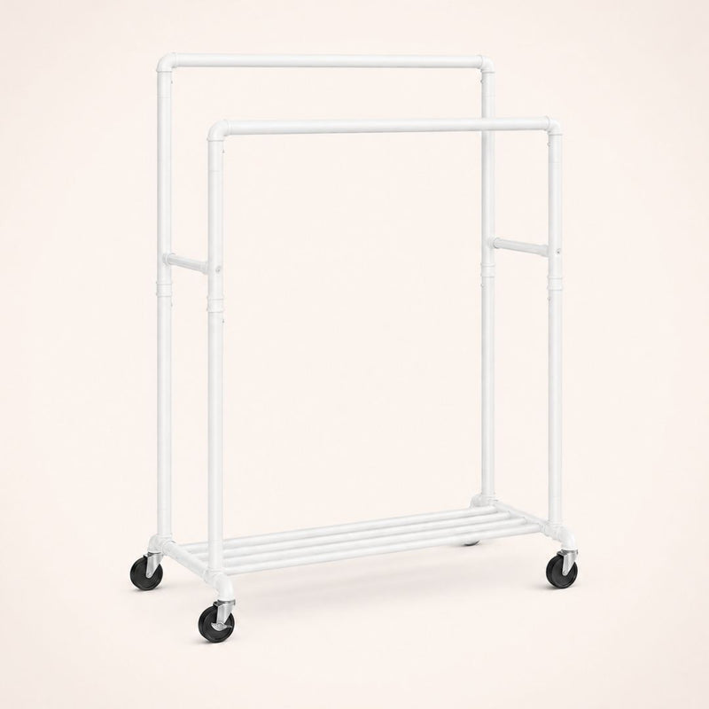 Portant à vêtements double barre sur roulettes - Blanc