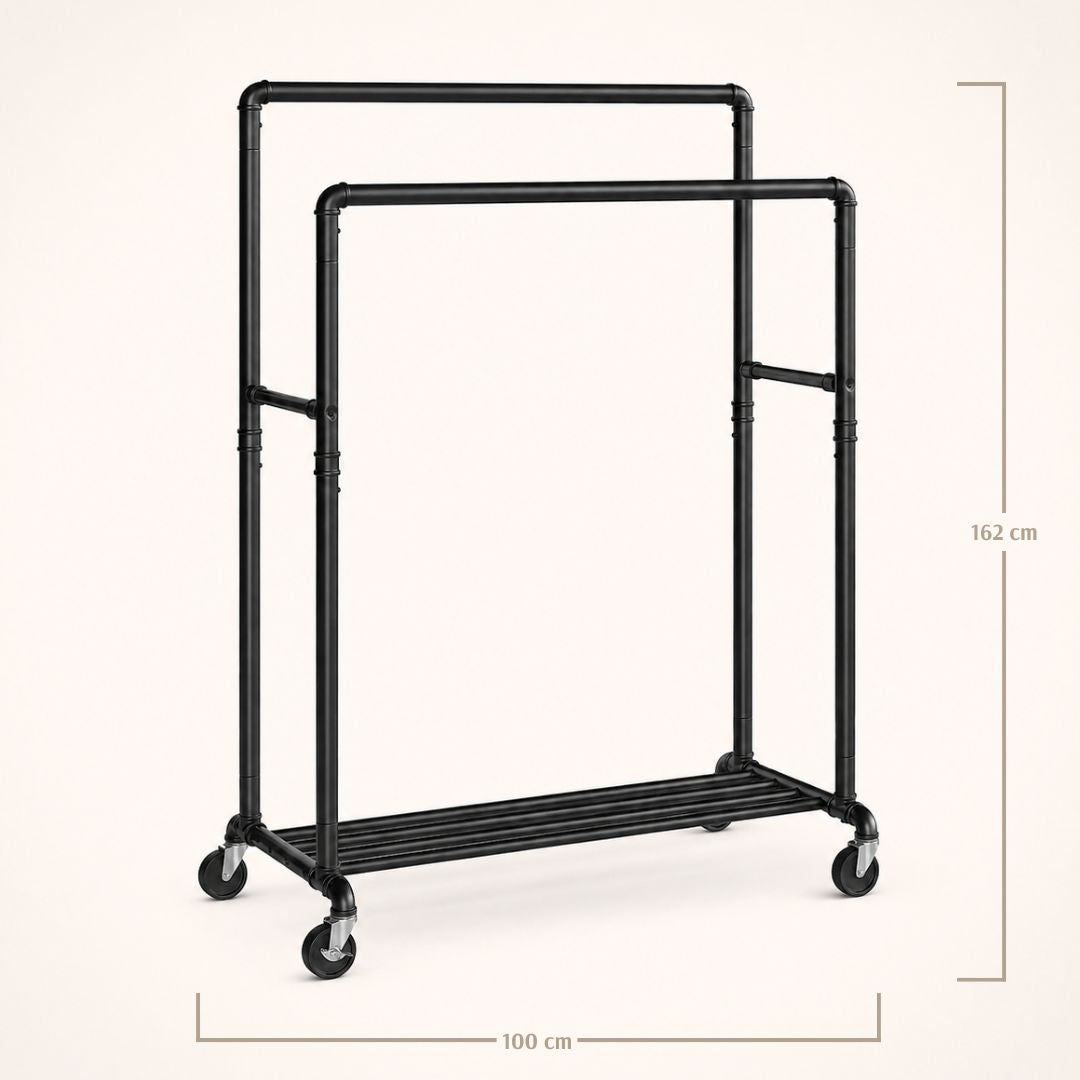 Portant à vêtements noir double barre sur roulettes