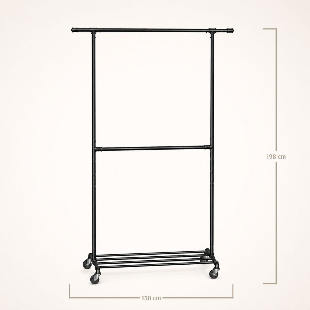 Portant à vêtements noir double barre sur roulettes avec étagère haute