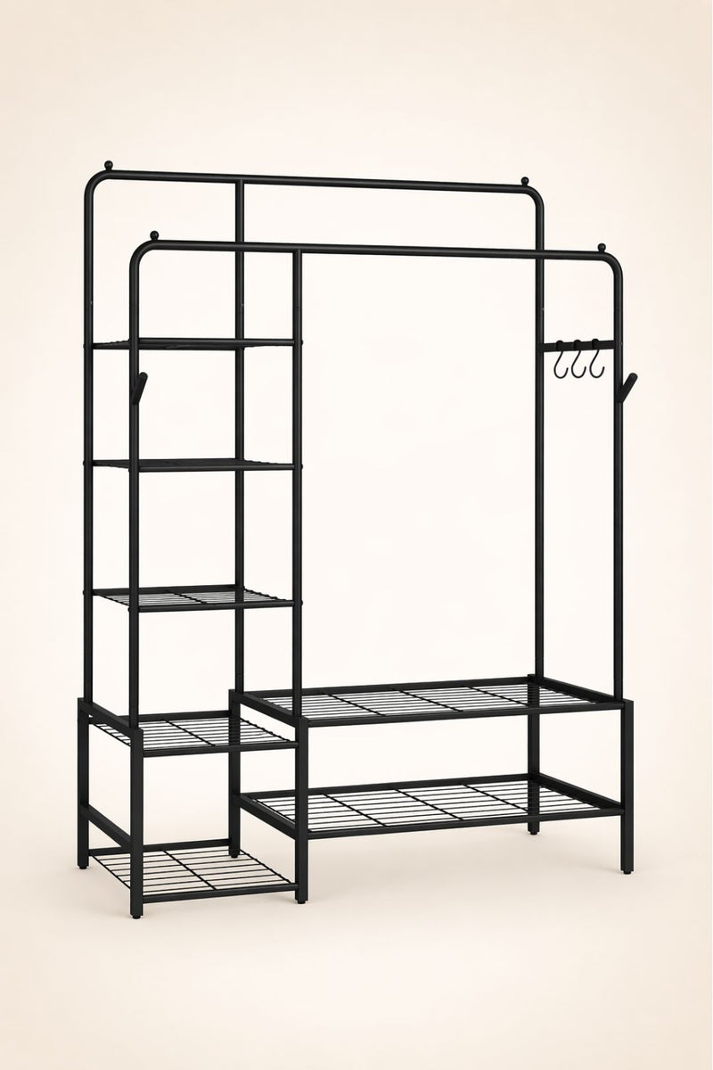 Portant à vêtements avec étagères et crochets latéraux - Noir