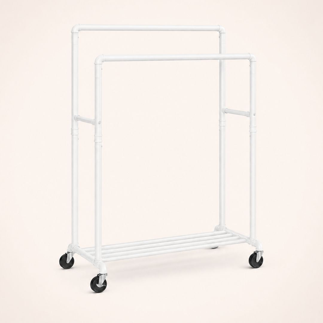 Portant à vêtements blanc double barre sur roulettes