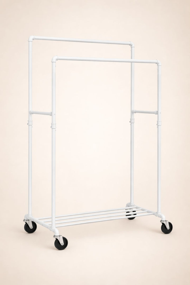 Portant à vêtements double barre sur roulettes - Blanc