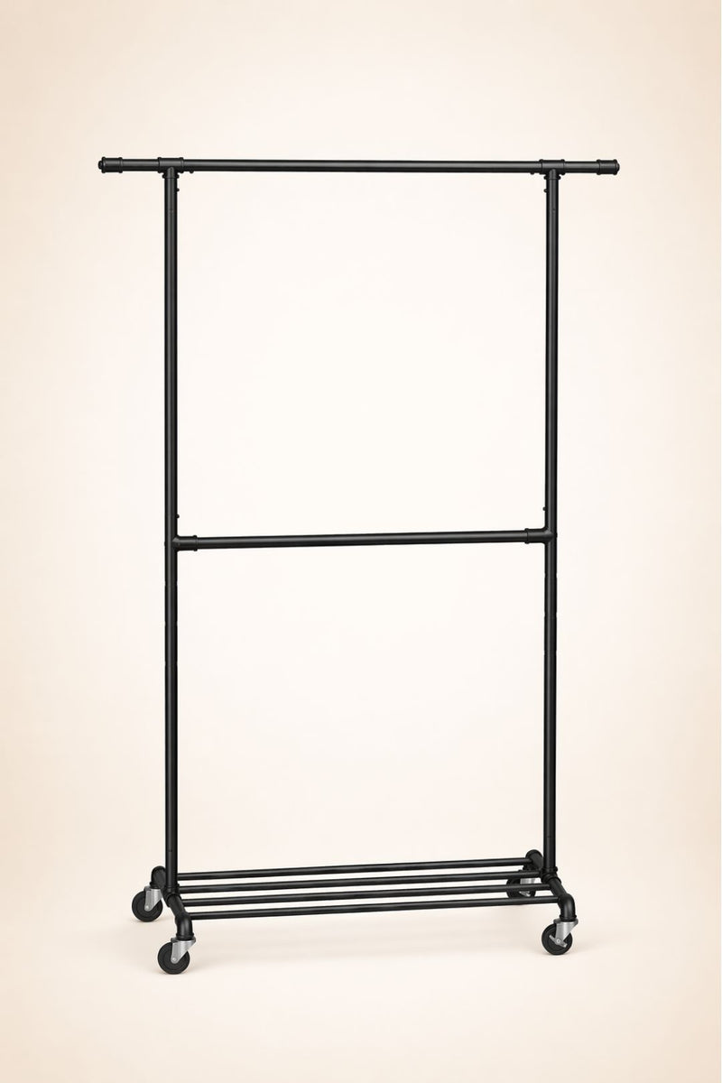 Portant à vêtements double barre sur roulettes avec étagère haut - Noir