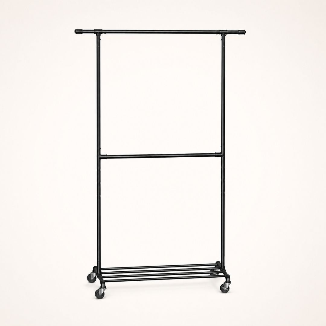Portant à vêtements noir double barre sur roulettes avec étagère haute