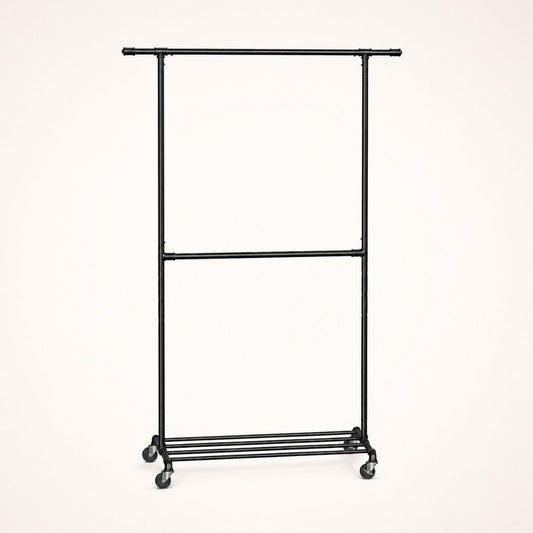 Portant à vêtements noir double barre sur roulettes avec étagère haute