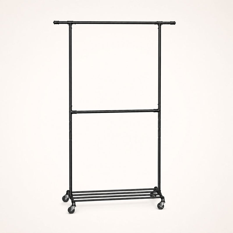 Portant à vêtements noir double barre sur roulettes avec étagère haute