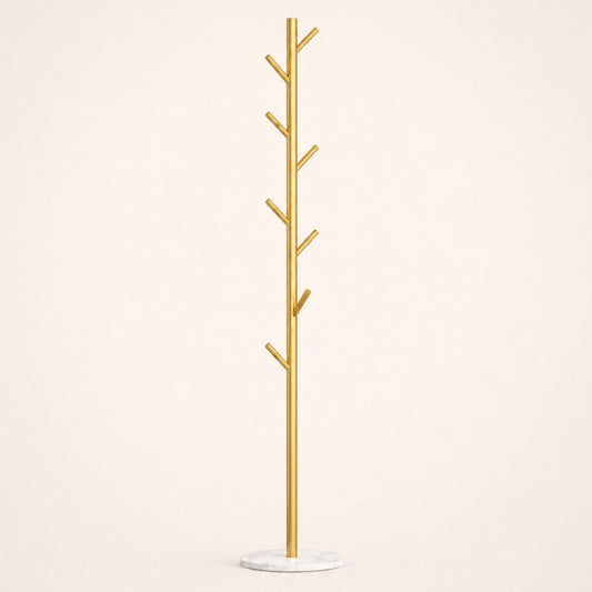 Porte-manteau sur pied doré en forme d'arbre à base ronde blanche