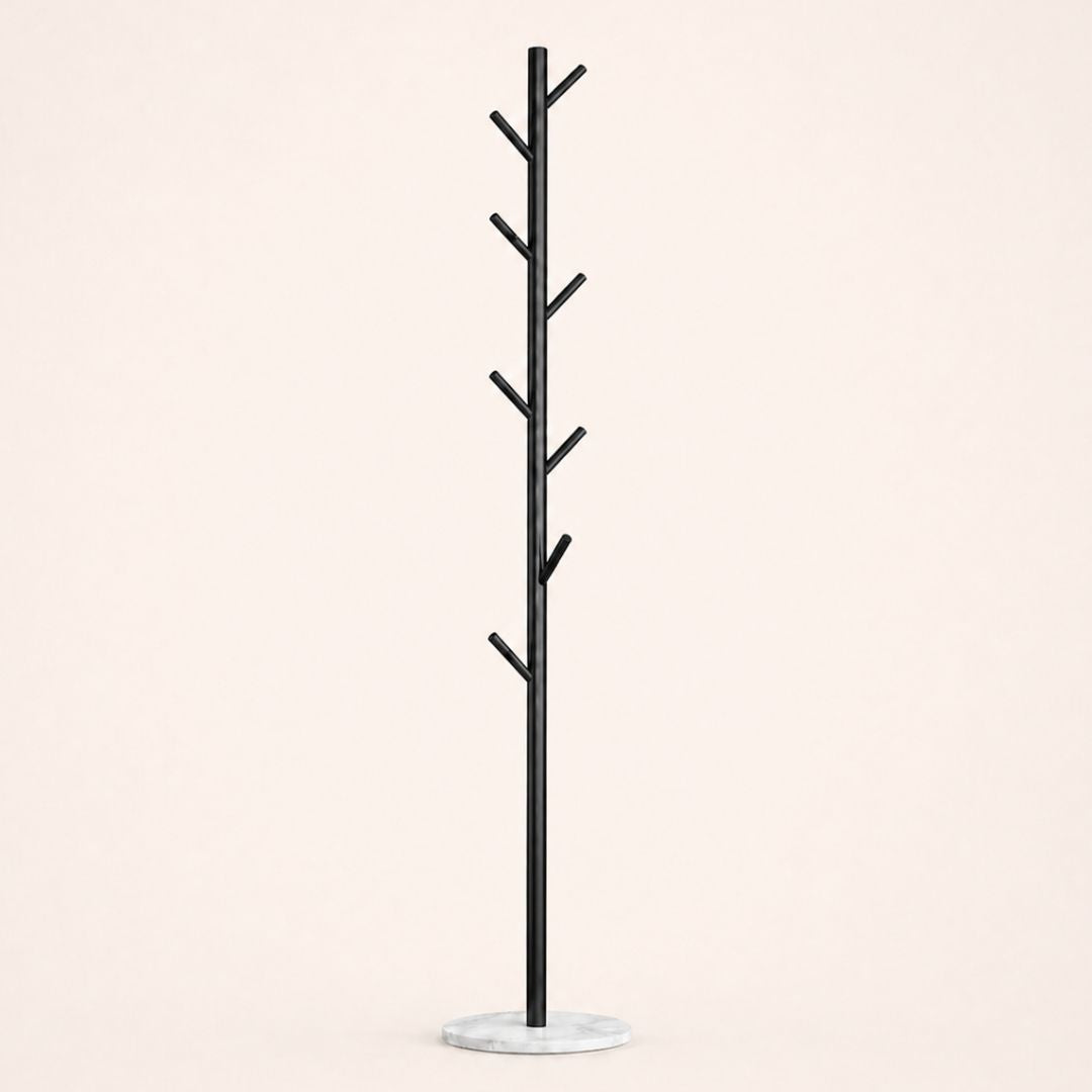 Porte-manteau sur pied noir en forme d'arbre à base blanche