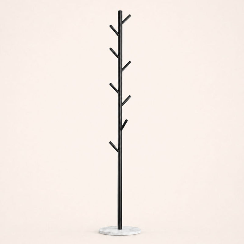 Porte-manteau sur pied noir en forme d'arbre à base blanche