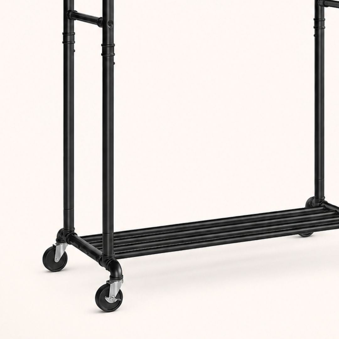 Portant à vêtements noir double barre sur roulettes
