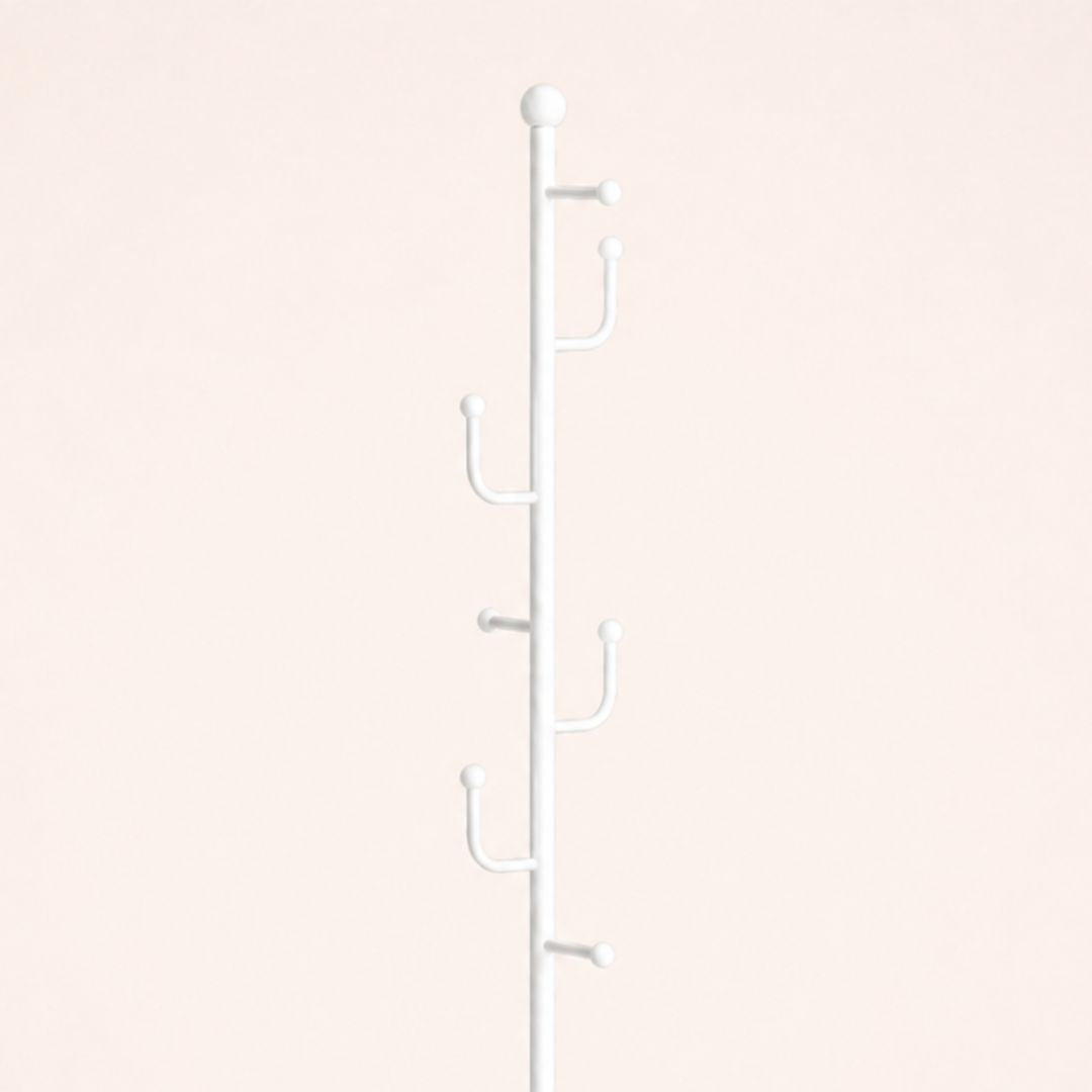 Porte-manteau sur pied blanc à crochets galbés à base ronde blanche