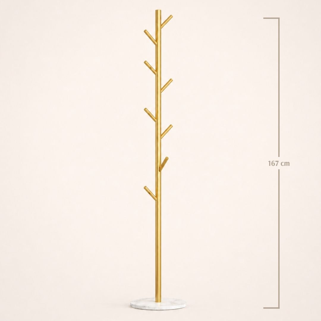 Porte-manteau sur pied doré en forme d'arbre à base blanche
