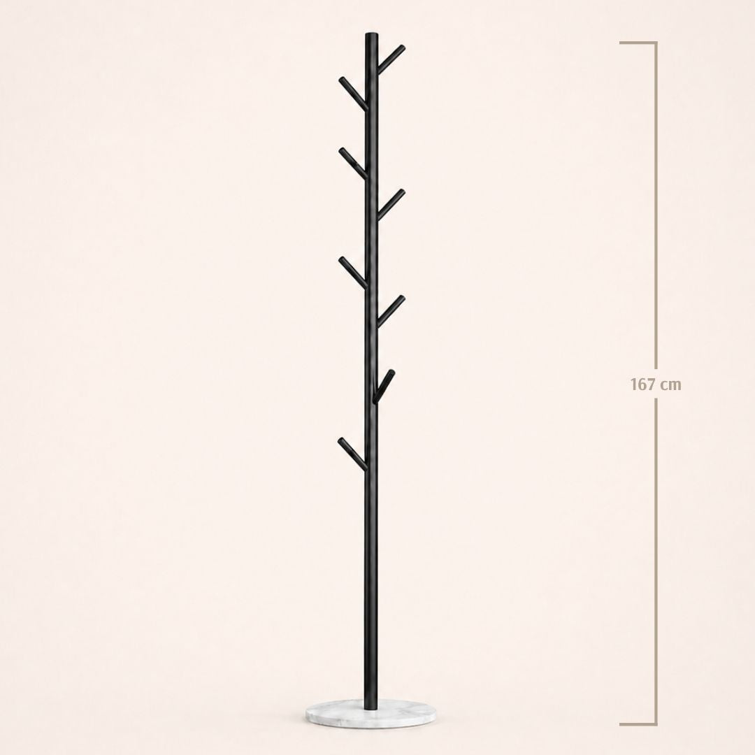 Porte-manteau sur pied noir en forme d'arbre à base blanche