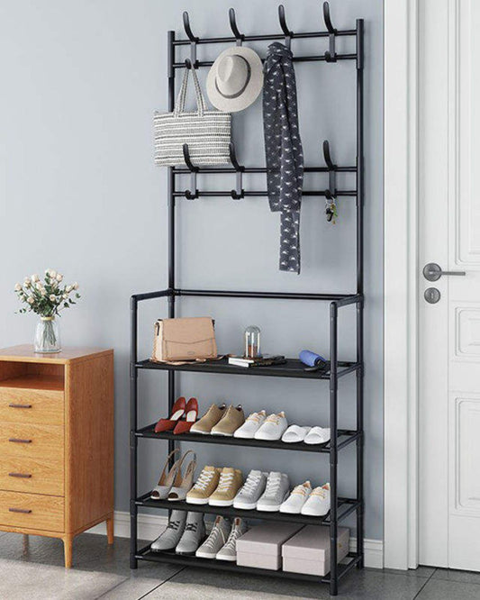Portant à vêtements avec étagère à chaussures et crochets